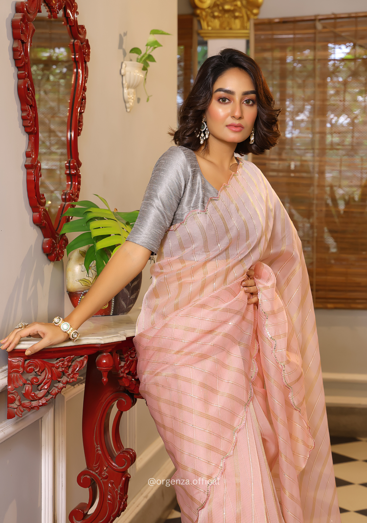 Peach Organza Saree With Weaved Work - Orgenza Store
