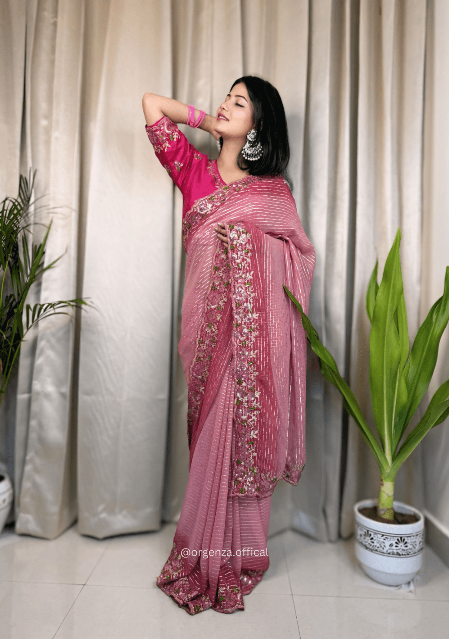 Pink Georgette Saree With Silver Weaving Lining - Orgenza Store - digisoch