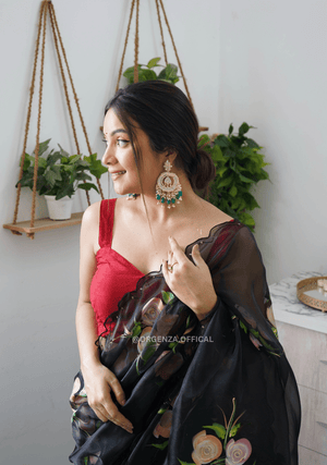 Black Hand Print Organza Saree With Blouse - Orgenza Store - digisoch