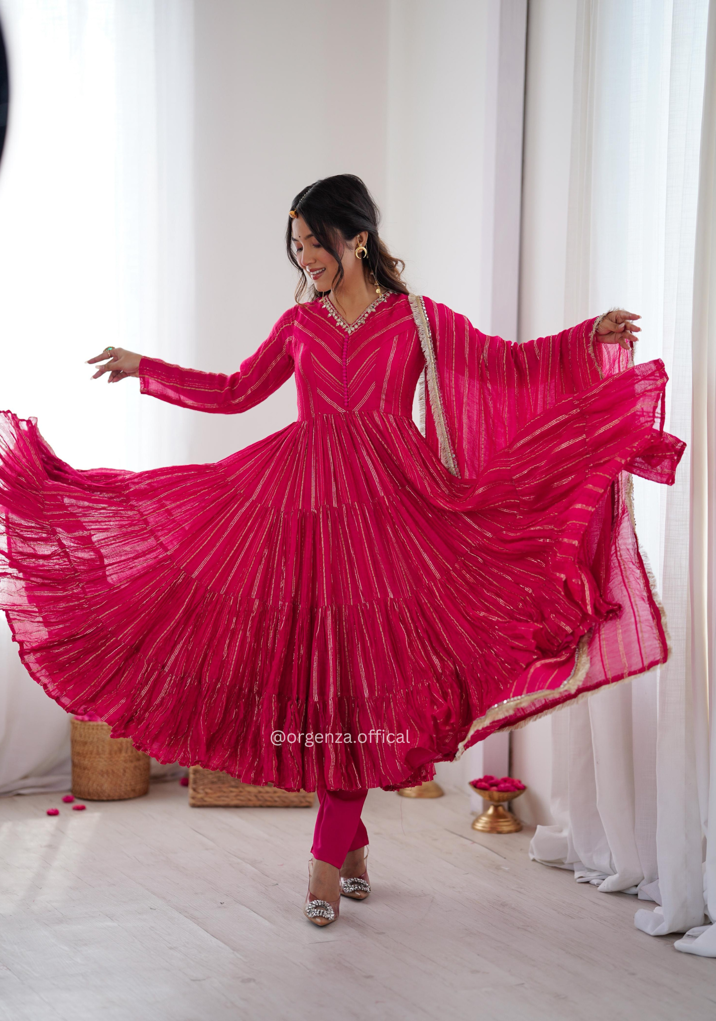 Mal Chanderi Mirror Work Ruffle Gown Set with Dupatta – Fully Stitched