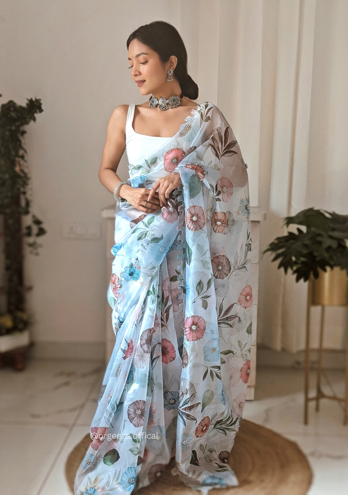 Multi color Heavy Organza Silk Saree Flower Print And Hand