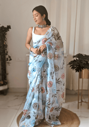 Multi color Heavy Organza Silk Saree Flower Print And Hand - Orgenza Store - digisoch