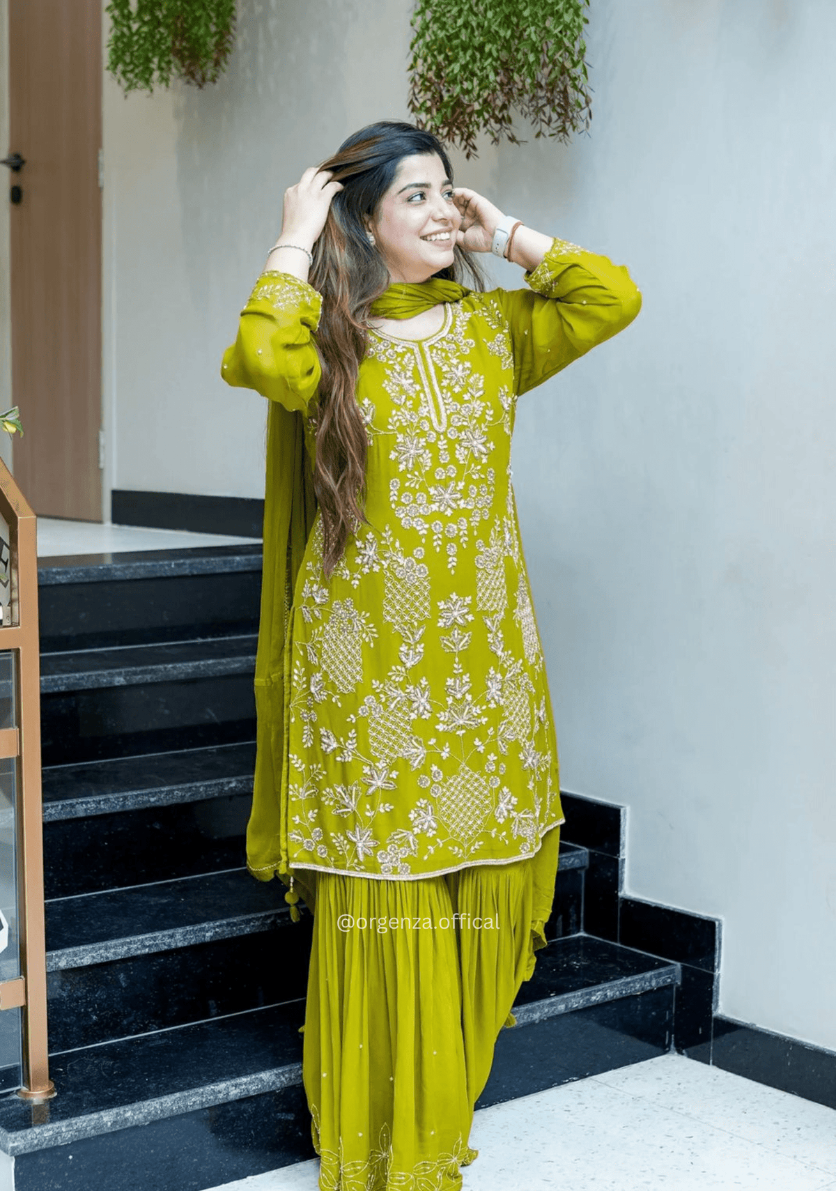 Parrot Green Embroidered Sharara Palazzo Suit Set
