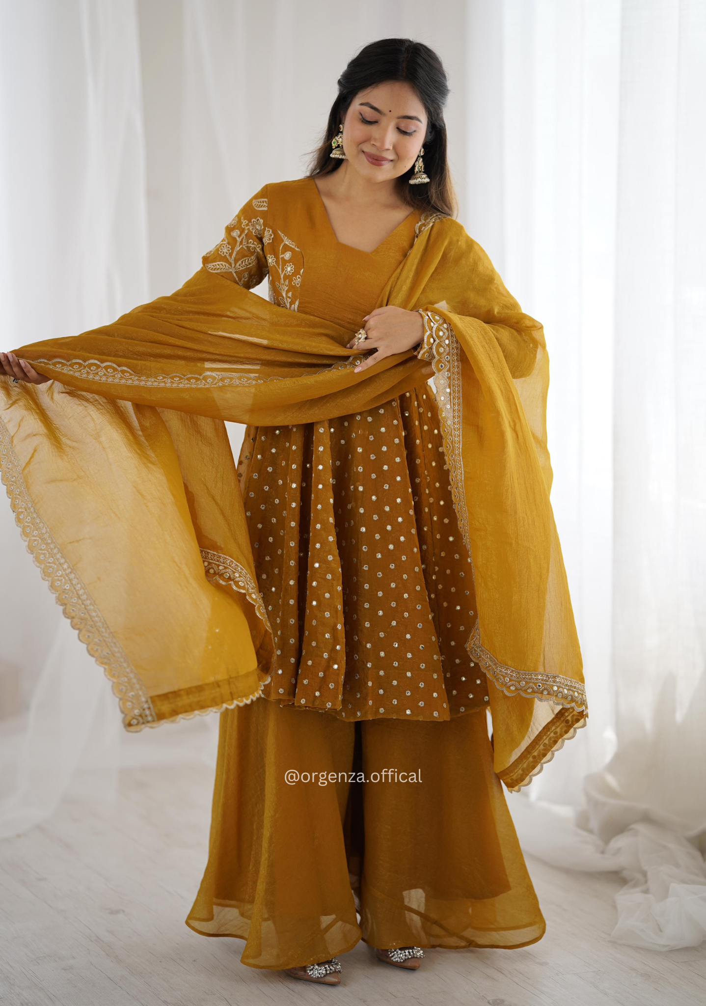 Mustard Yellow Crunchy Silk Embroidered Sharara Palazzo Suit Set