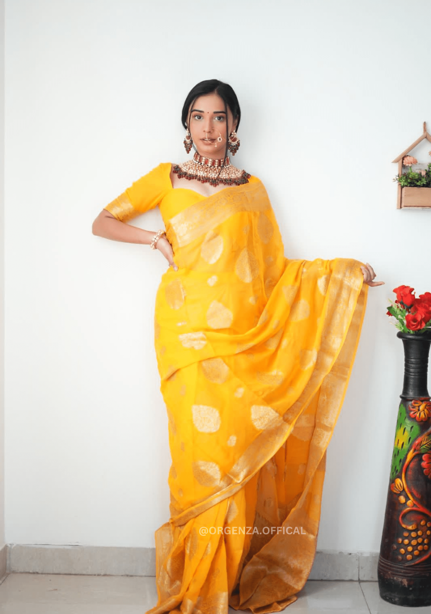 Linen Golden Zari Work Ready To Wear Saree - Orgenza Store