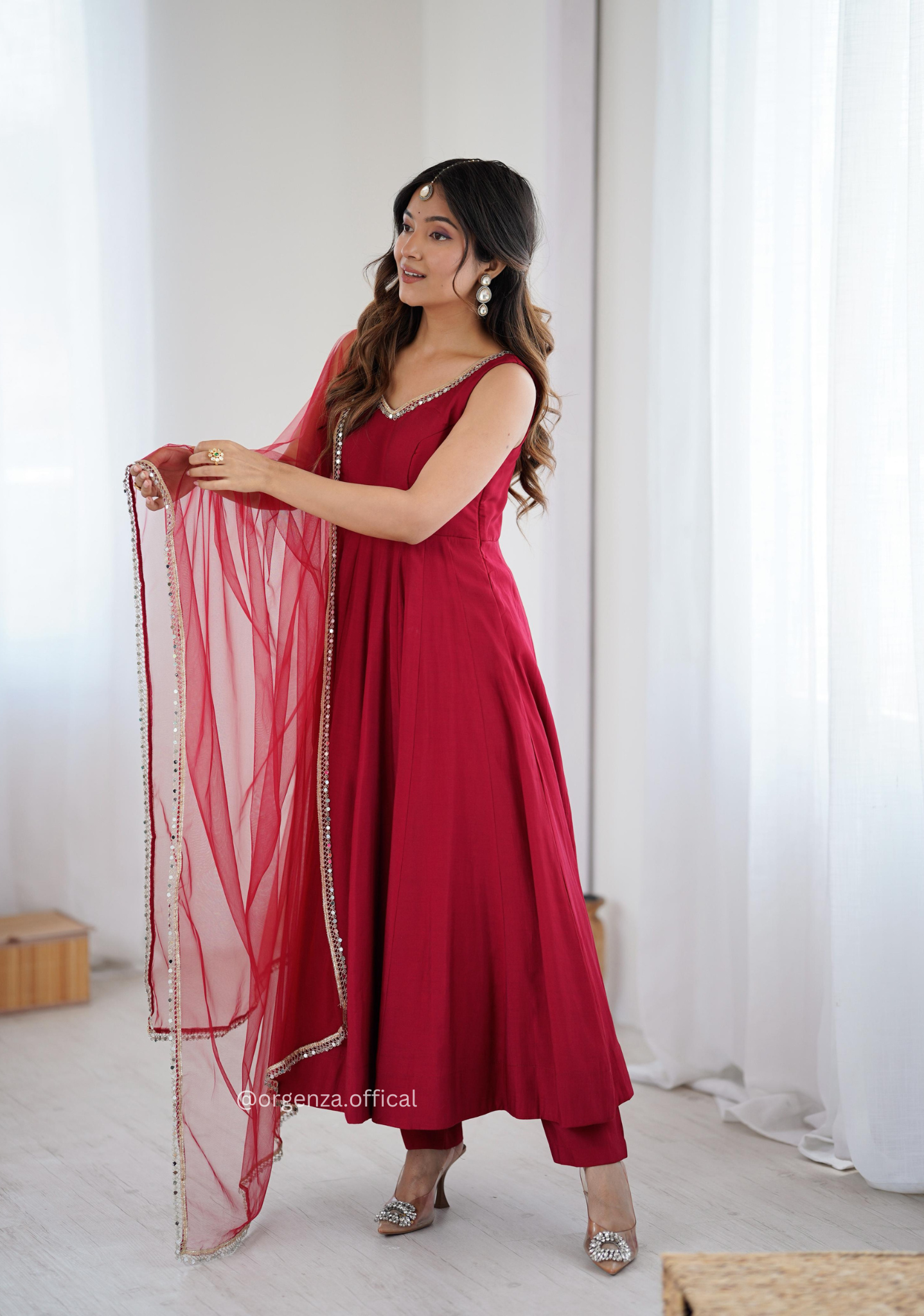 Maroon Colour Roman Silk Chanderi Plain Anarkali Kurti