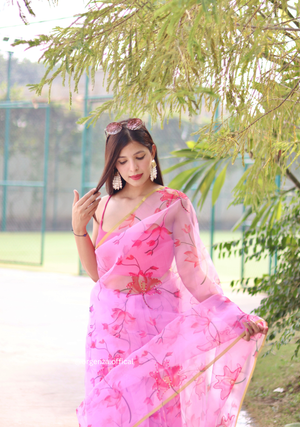 Organza Silk Saree With Floral Thread Work - Orgenza Store - digisoch