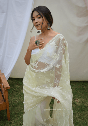 Light Yellow Organza Saree With Embroidery Work - Orgenza Store - digisoch