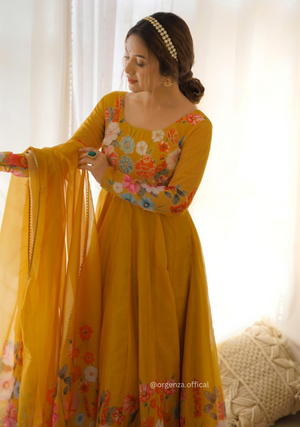 Floral Organza Anarkali With Dupatta And Pant - Orgenza Store