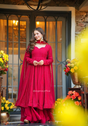 Premium Lal - Pink Anarkali Sharara Suit Set with Dupatta (3 PCS) – Ready to Wear - Orgenza Store - digisoch