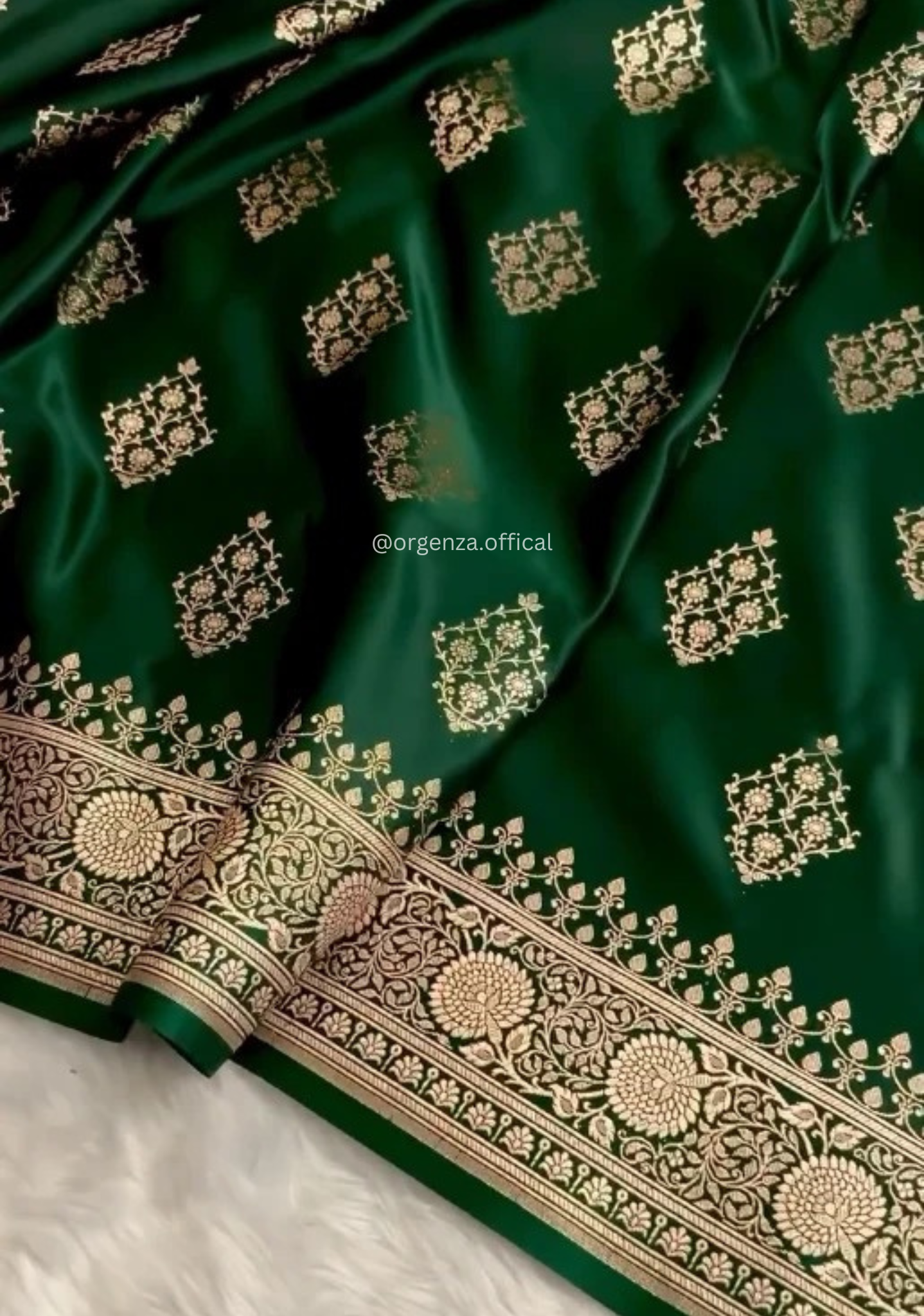 Bottle Green Banarasi Satin Saree with Golden Zari Weaving