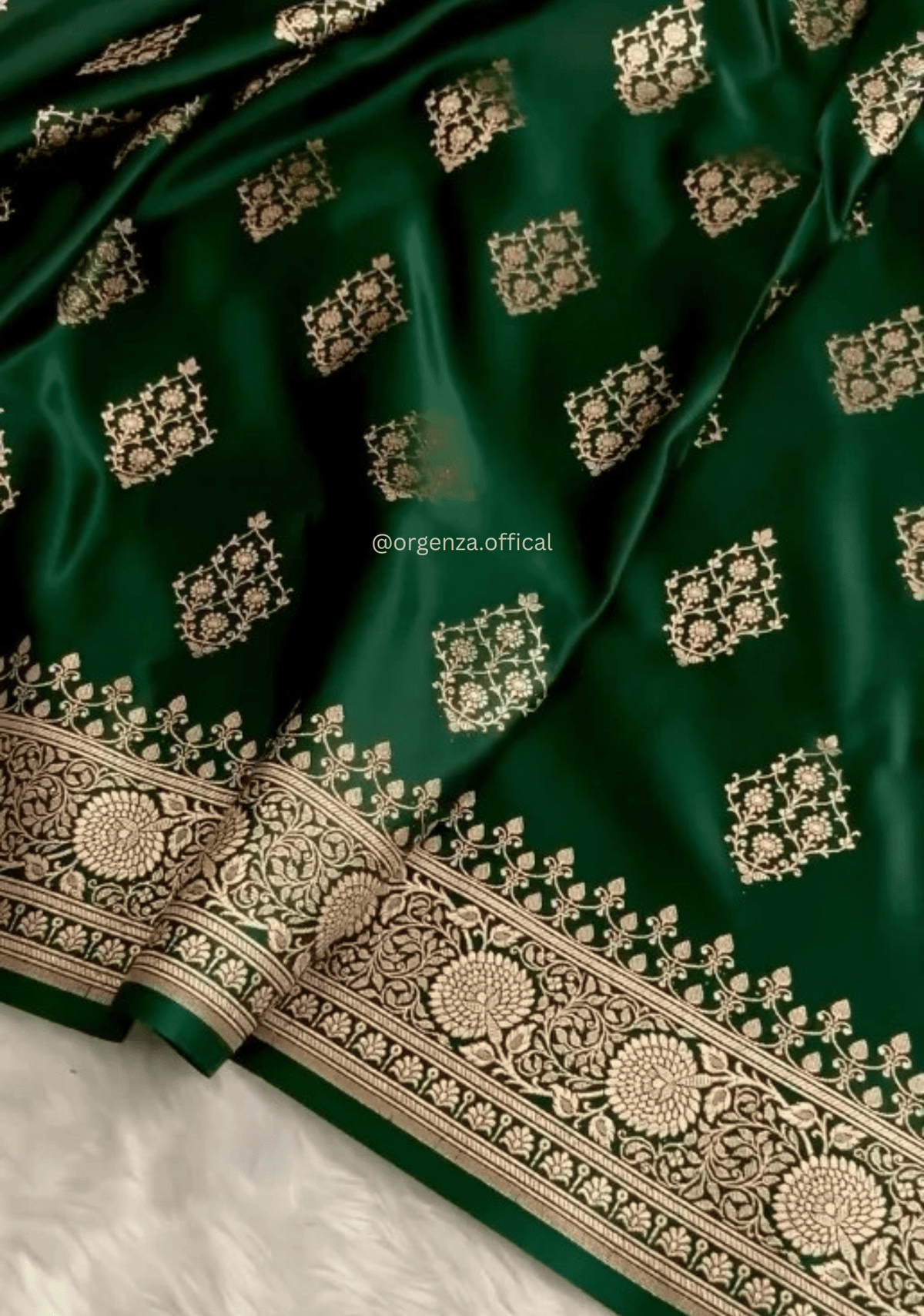 Bottle Green Banarasi Satin Saree with Golden Zari Weaving