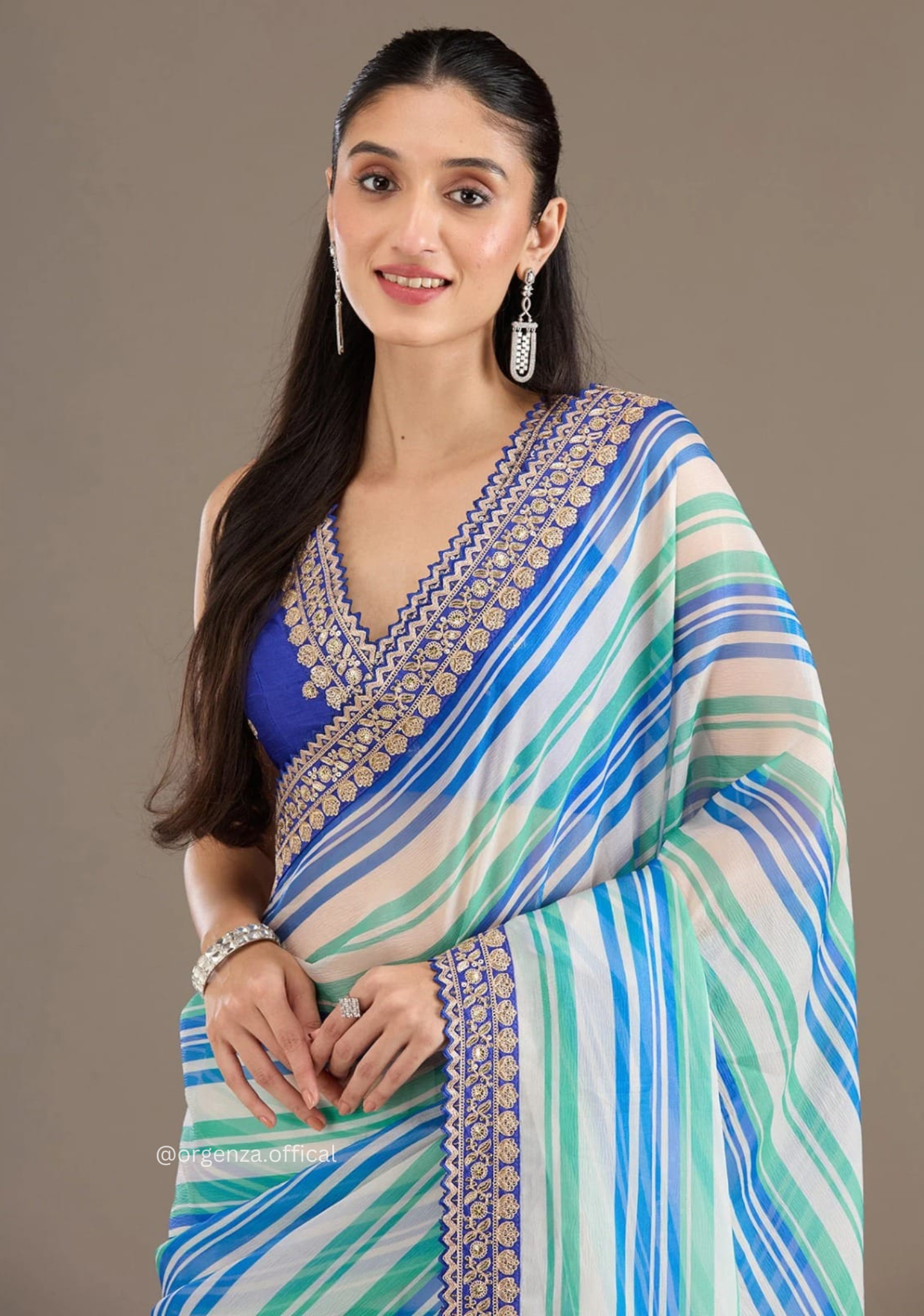 Sky Mutli Colour Chinnon Silk Saree With Embroidery Work