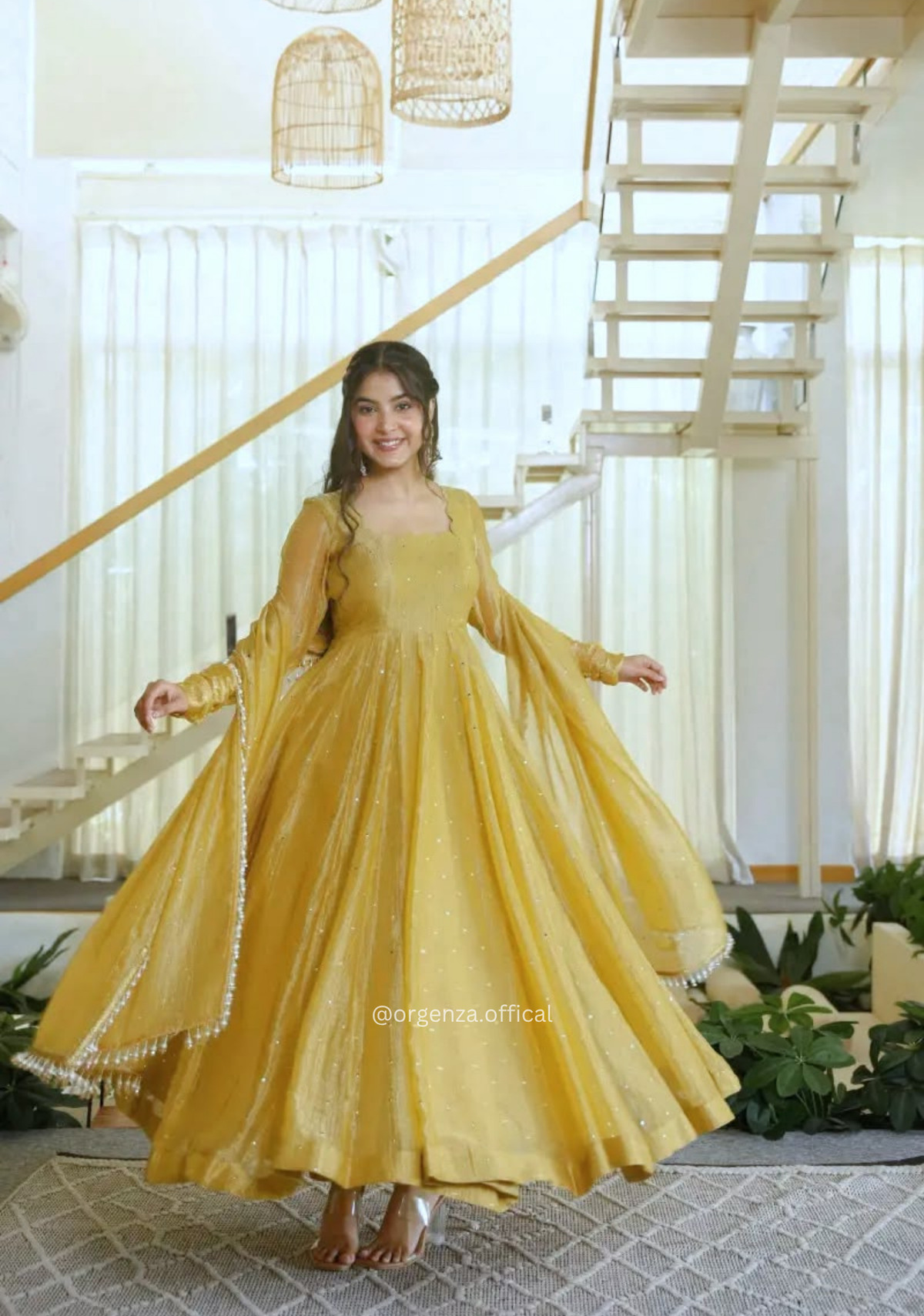 Mustard Yellow Salsa Silk Foil Work Gown Pant Dupatta Set