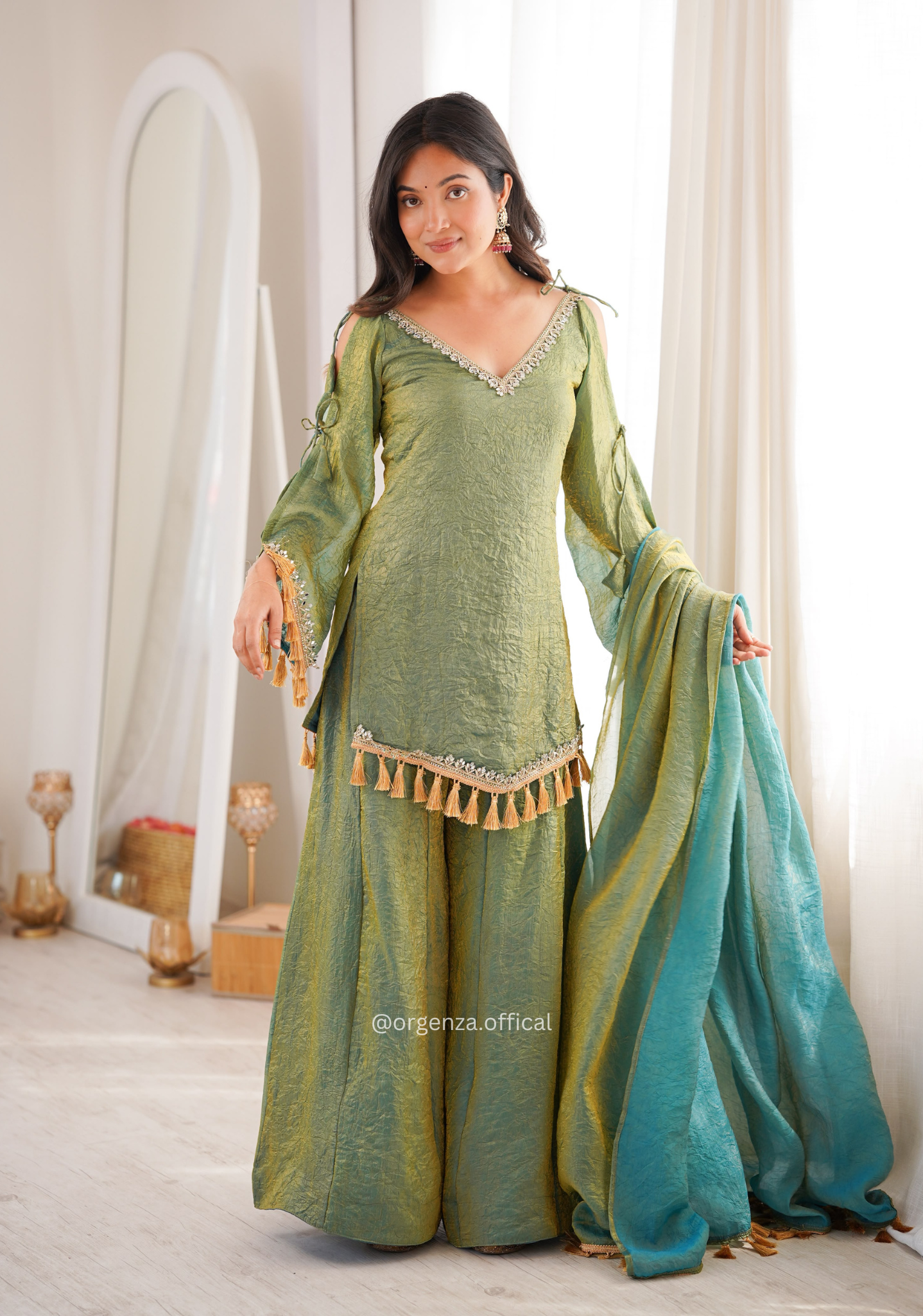 Olive Green Doremon Crush Mirror Work Kurta Palazzo Set