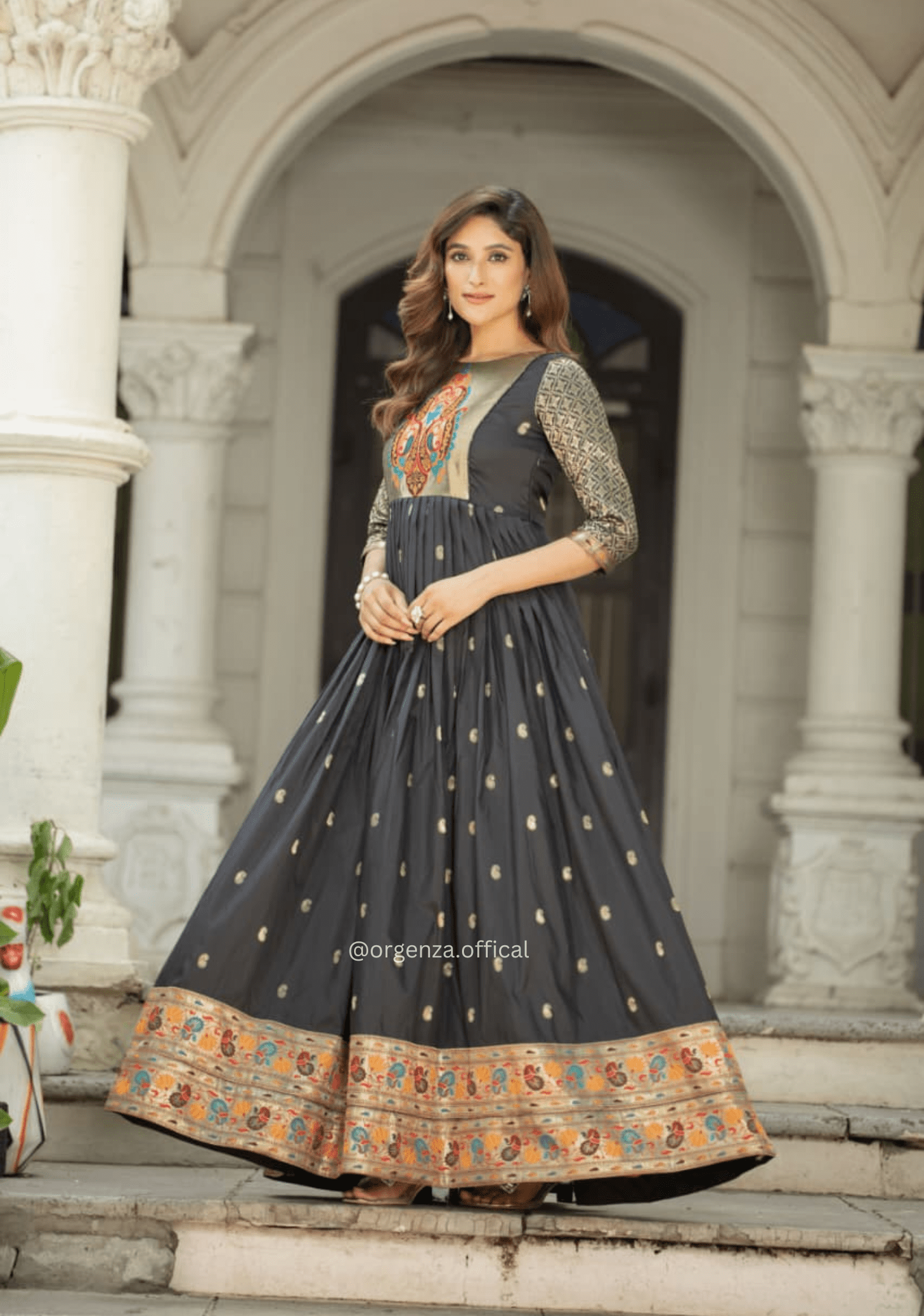 Designer Soft Silk Zari Work Flared Gown for Women