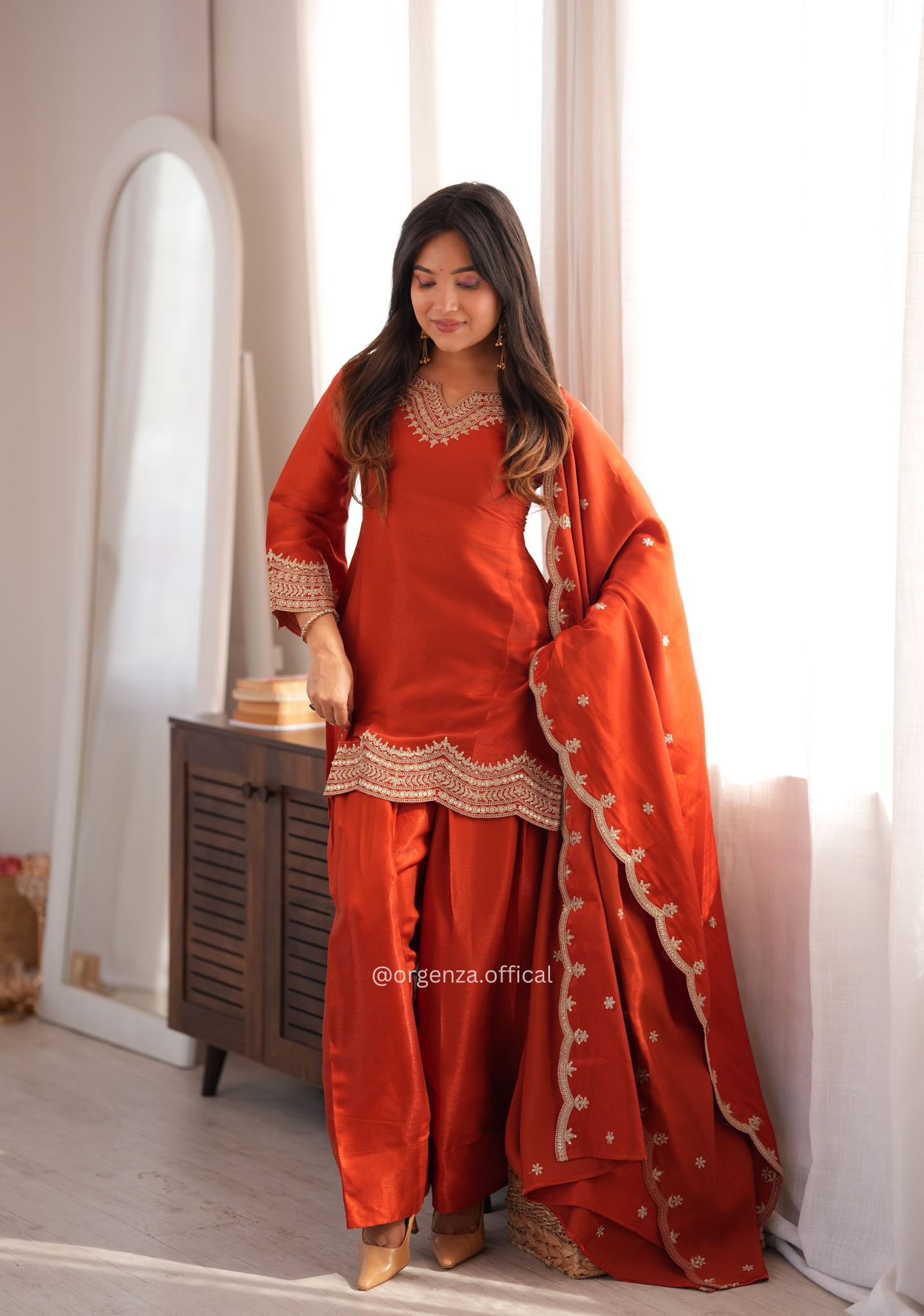 Rust Orange Glass Roman Silk Farshi Shalwar Suit Set