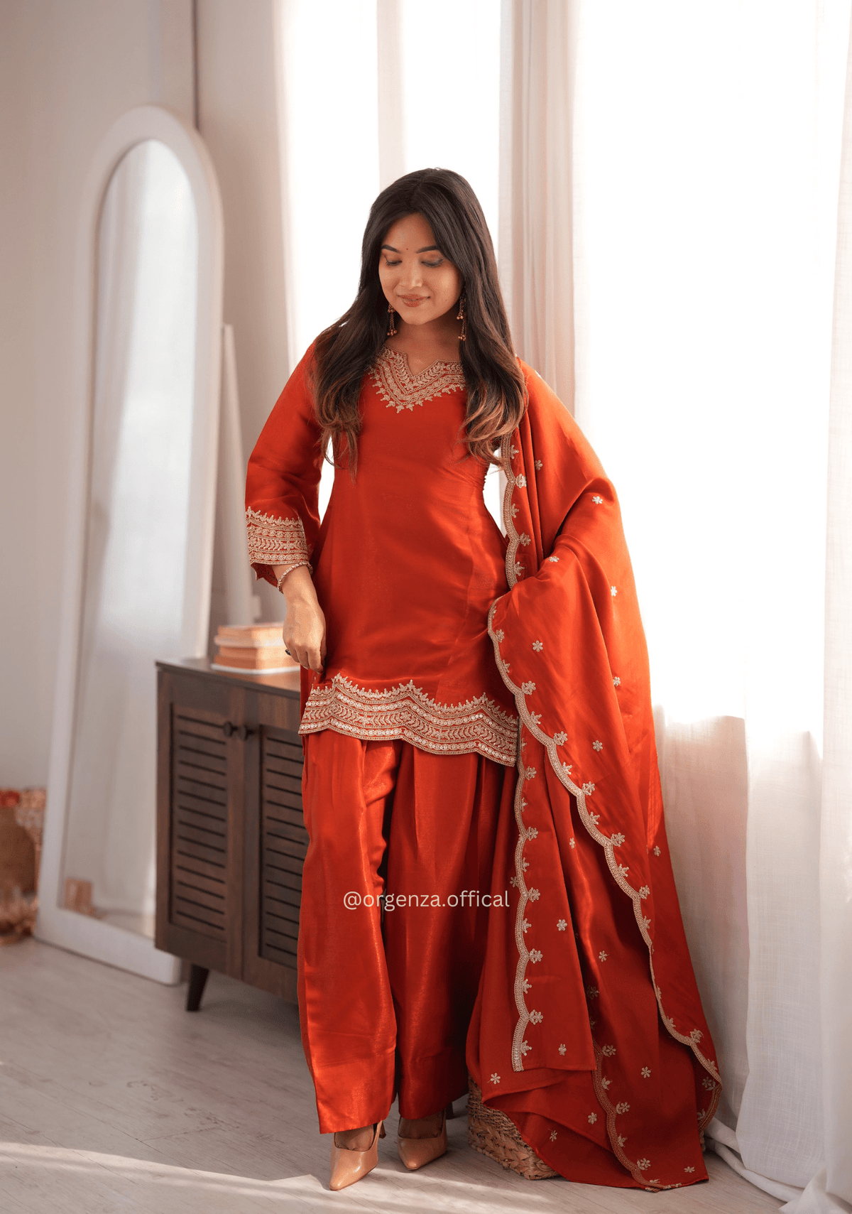 Rust Orange Glass Roman Silk Farshi Shalwar Suit Set