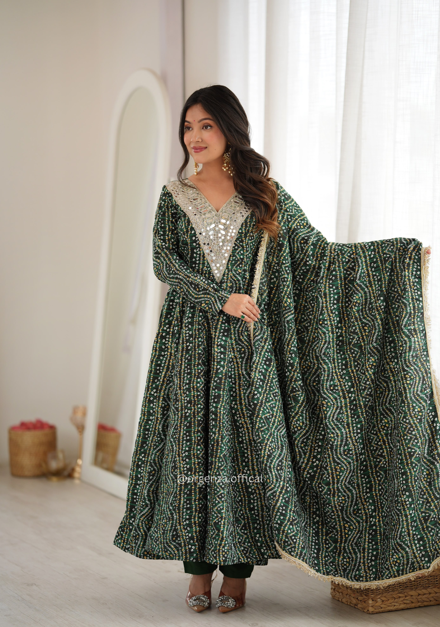 Bottle Green Rayon Mirror Embroidered Gown Set