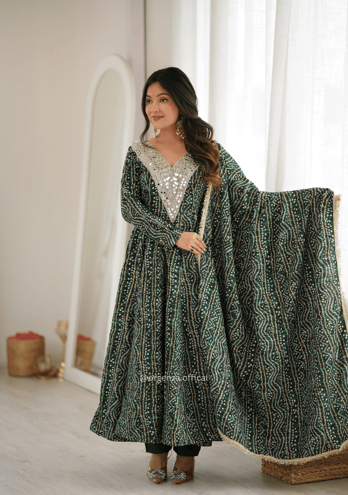 Bottle Green Rayon Mirror Embroidered Gown Set