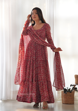 Pure Soft Fox Georgette Kalamkari Print Ruffle Anarkali - Orgenza Store
