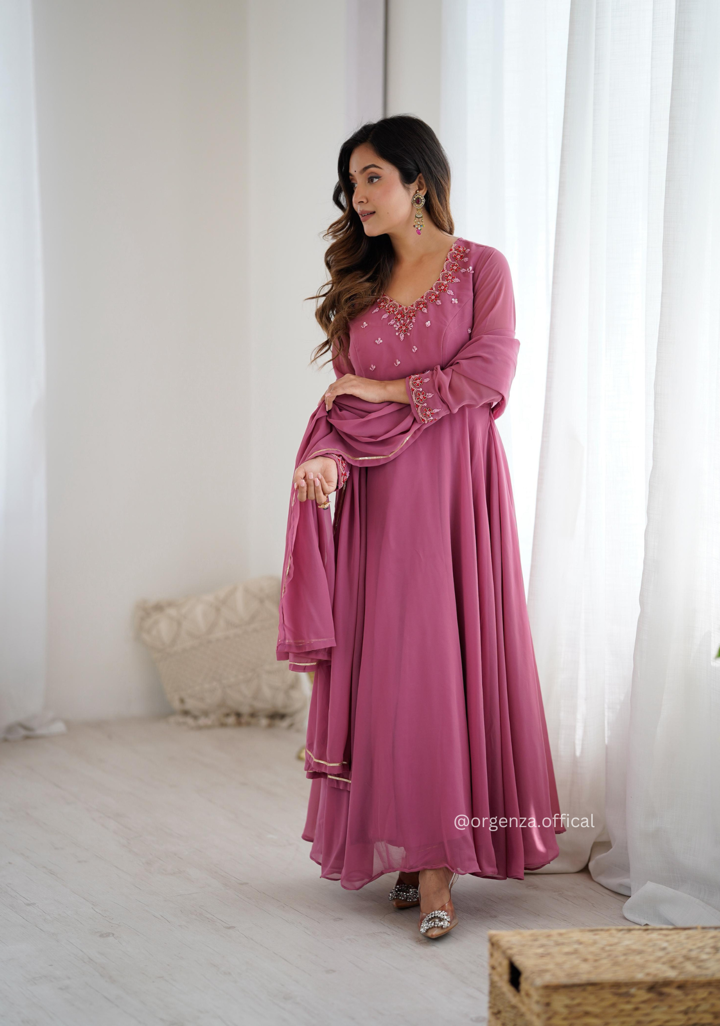 Onion Georgette Handwork Anarkali Kurti Set