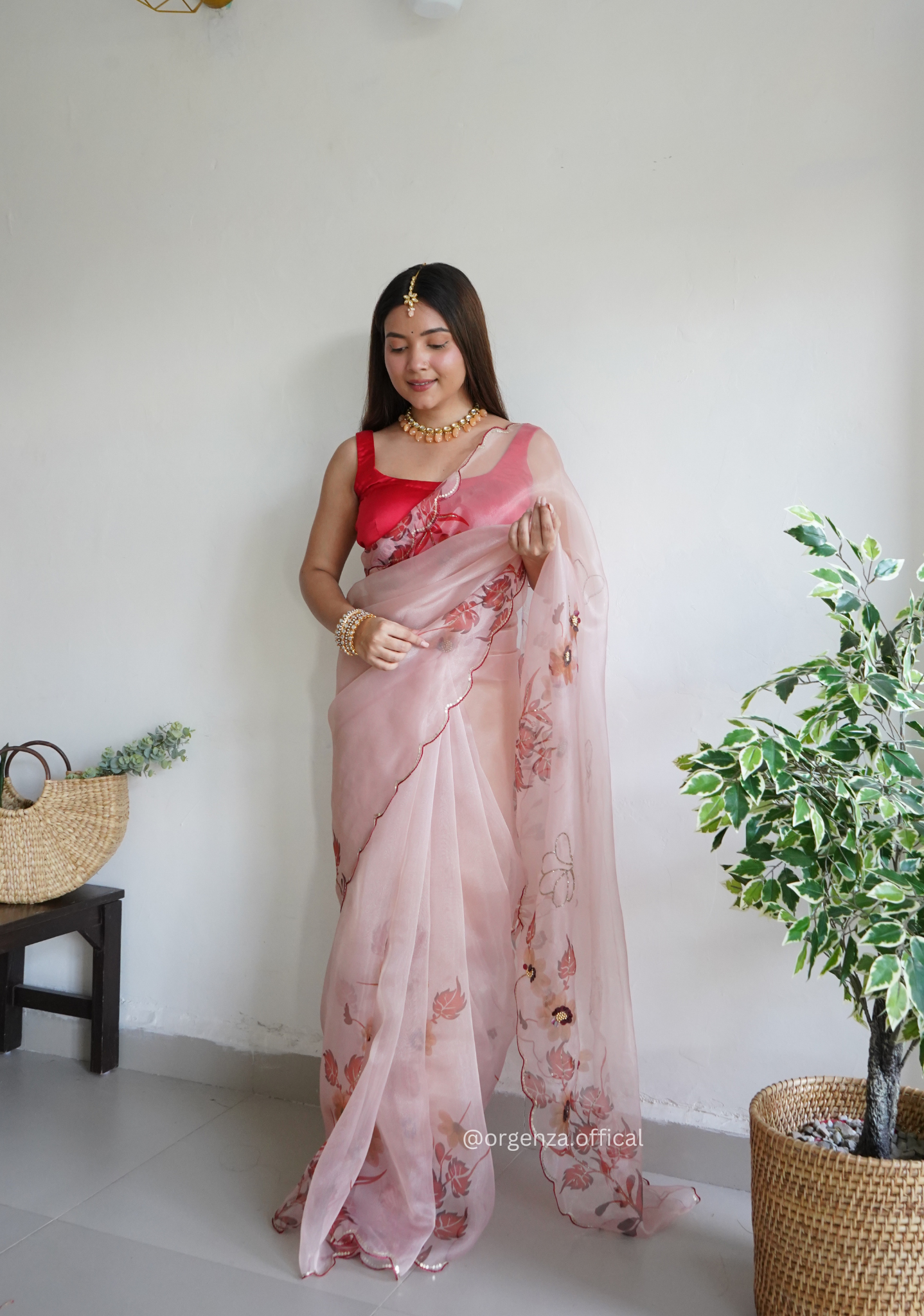 Onion Colour Organza Saree With Handwork