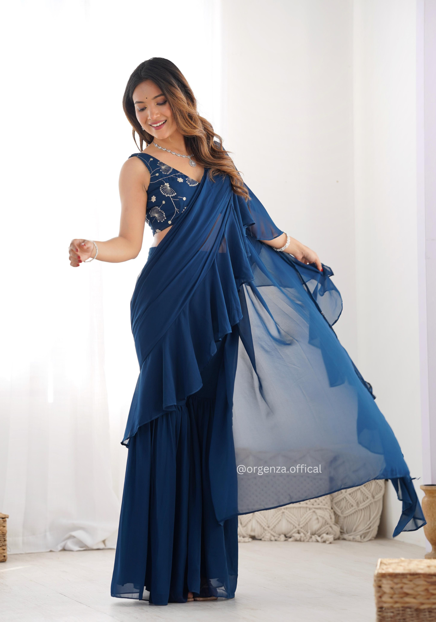 Ready To Wear Teal Blue Colour Sharara Saree - Orgenza Store