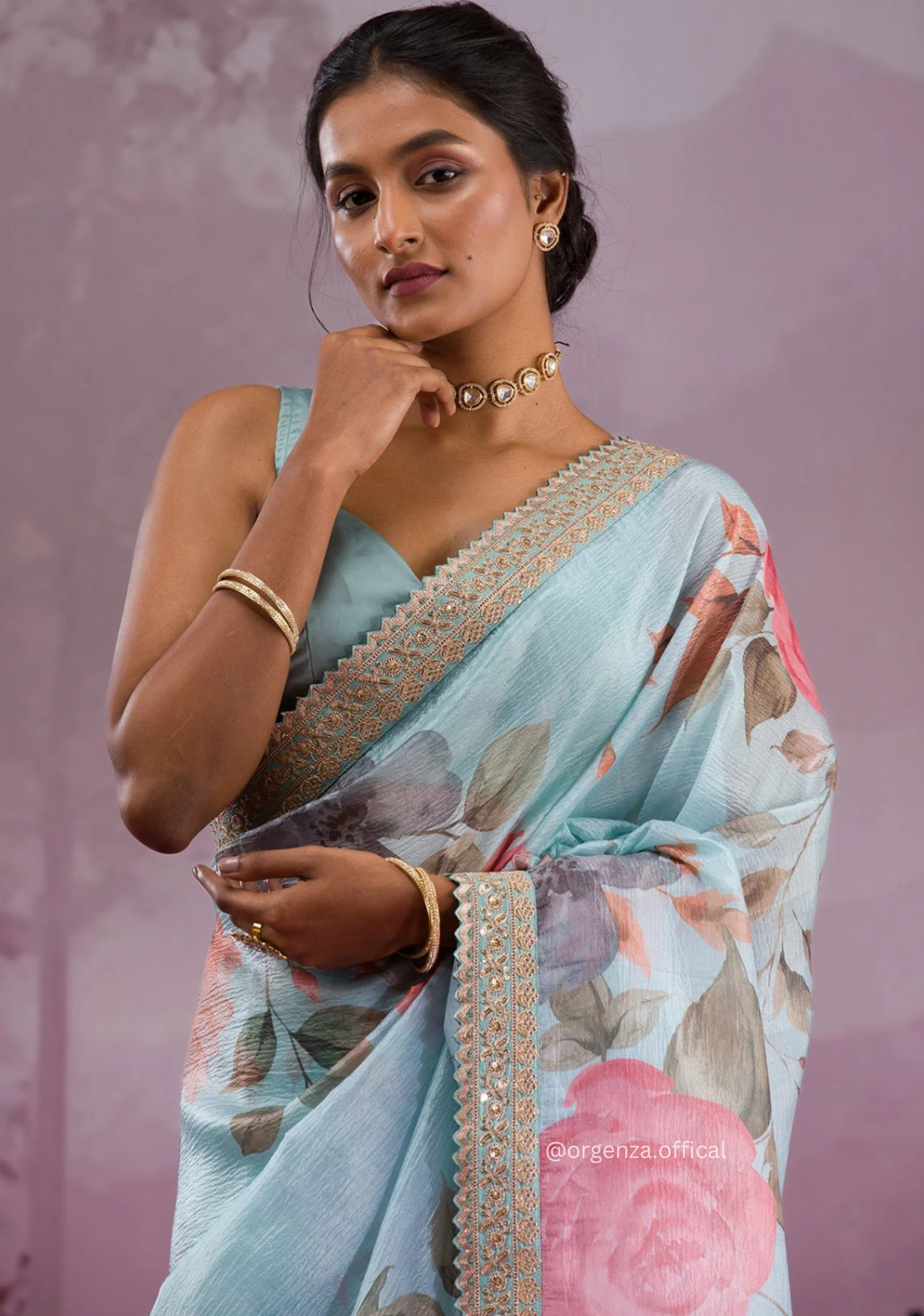 Sky Colour Chinnon Silk Saree