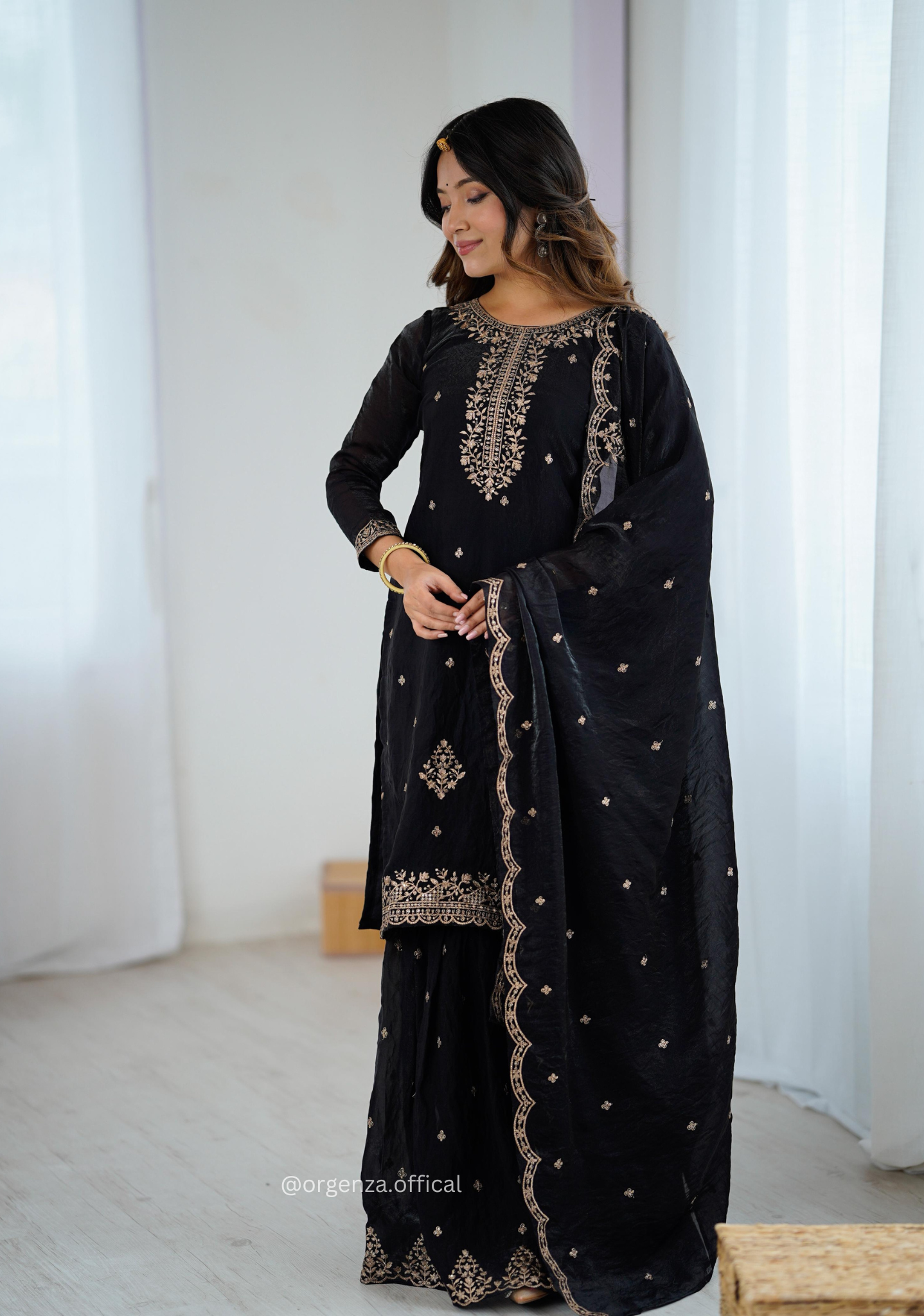 Black Colour Crunchy Silk Fabric Kediya Kurta With Dupatta Set