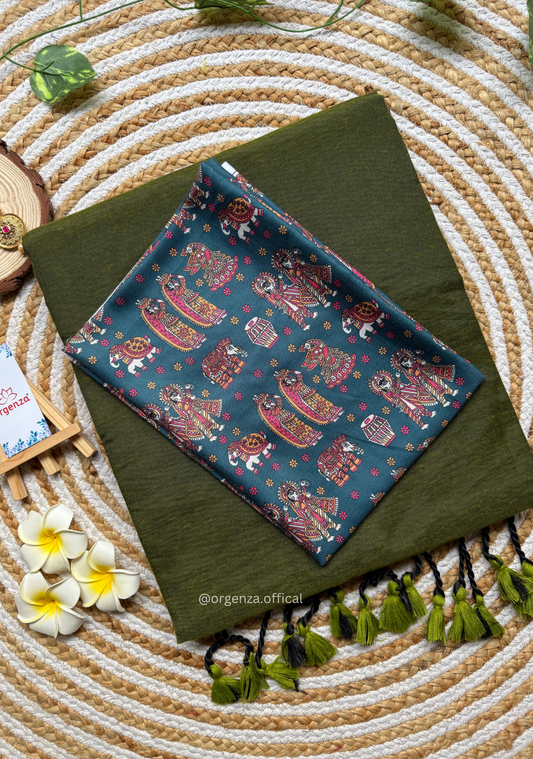 Dark Mehendi Green Colour Cotton Saree With People Print Blouse