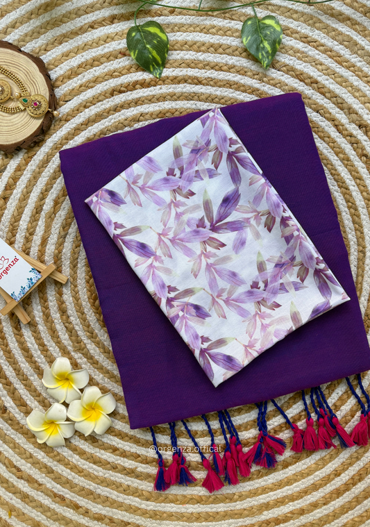 Purple Colour Cotton Saree With Purple Leaf Print Blouse With Pink Tassels