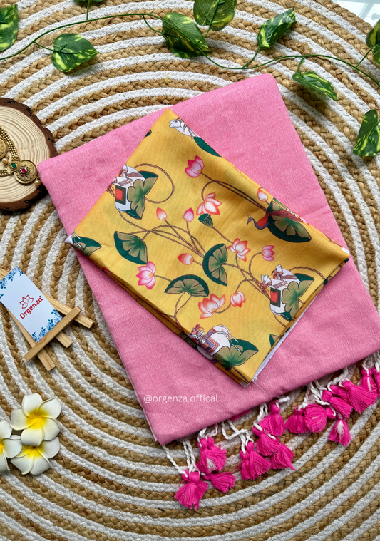Baby Pink Colour Cotton Saree With Yellow Print Blouse