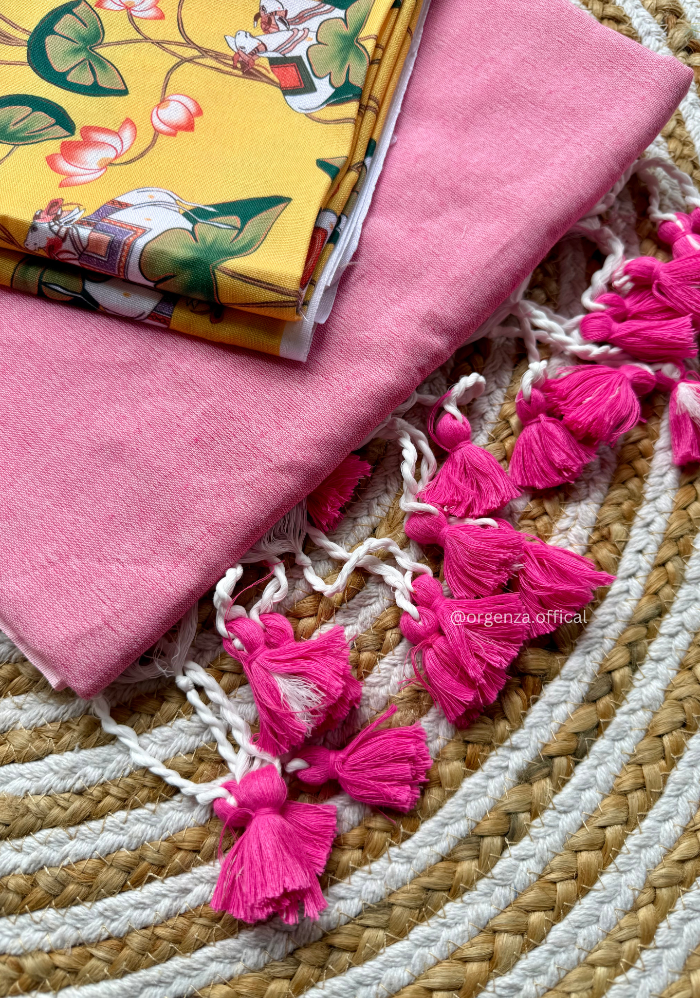 Baby Pink Colour Cotton Saree With Yellow Print Blouse