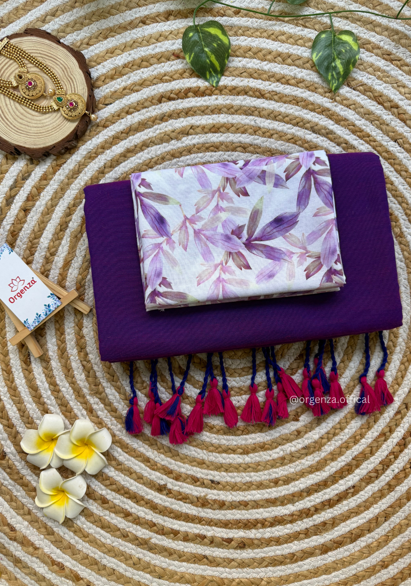 Purple Colour Cotton Saree With Purple Leaf Print Blouse