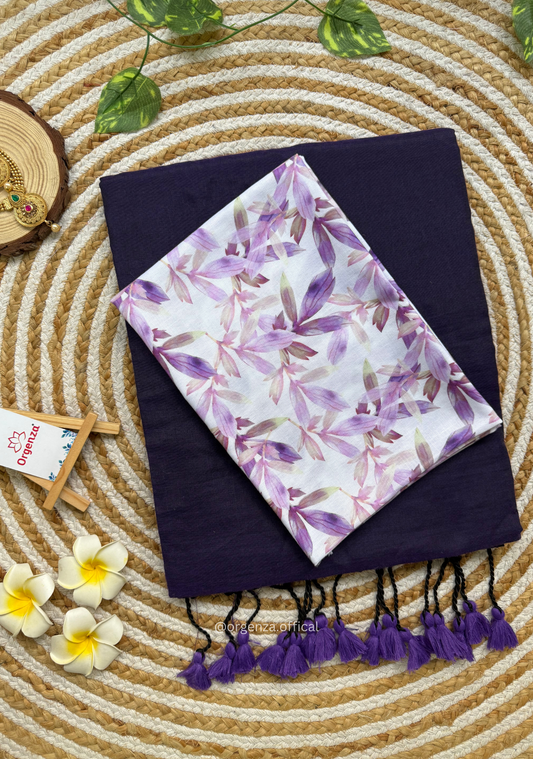 Purple Colour Cotton Saree With Purple Leaf Print Blouse