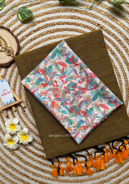 Mustered Yellow Colour Cotton Saree With Multi Print Blouse