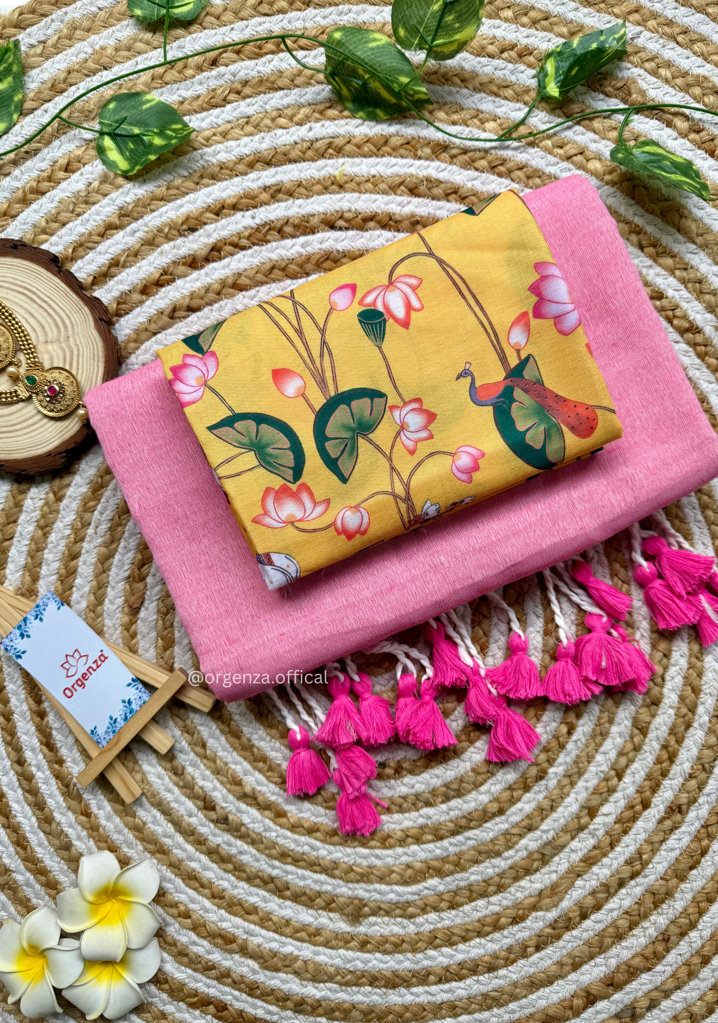 Baby Pink Colour Cotton Saree With Yellow Print Blouse