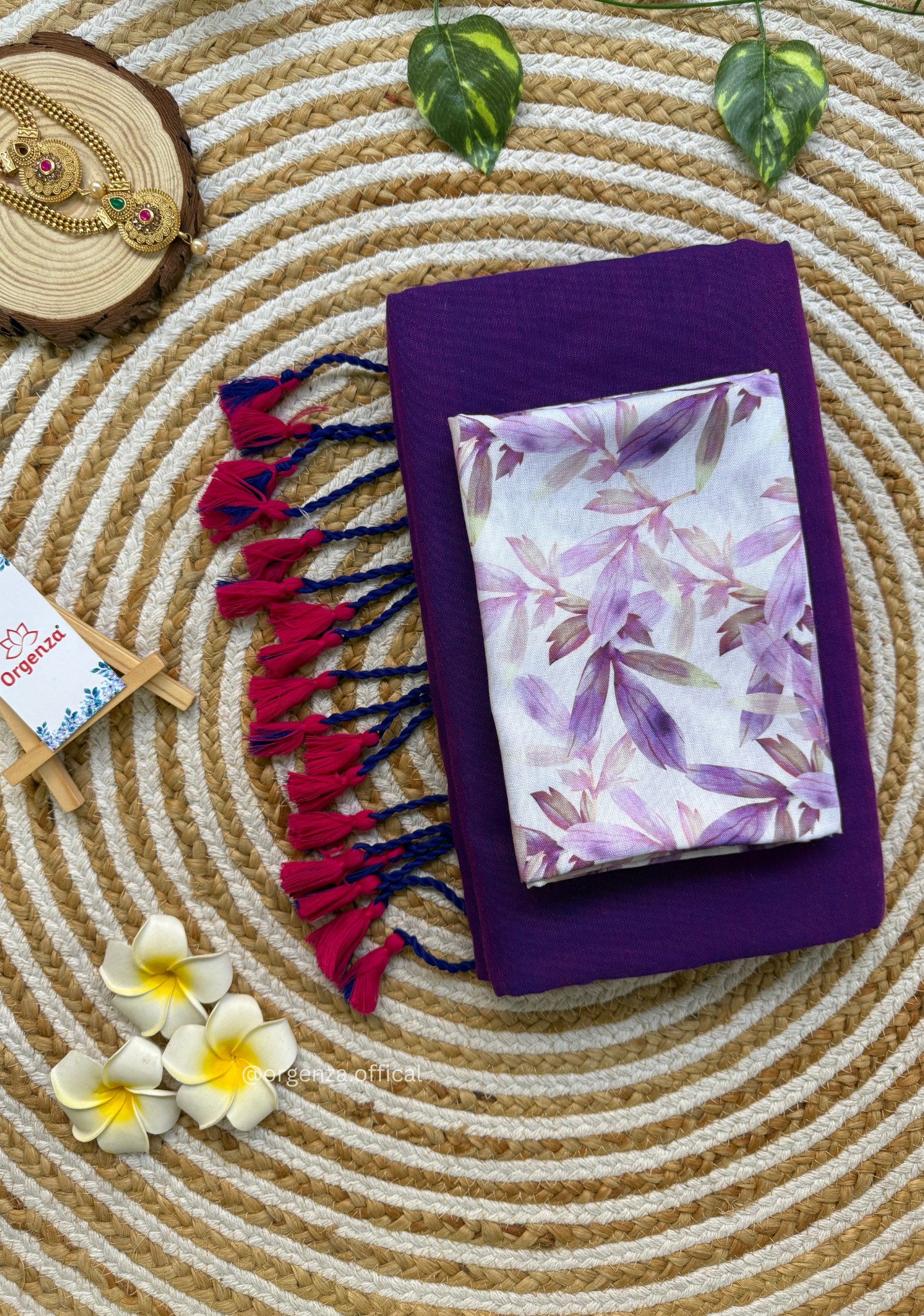 Purple Colour Cotton Saree With Purple Leaf Print Blouse