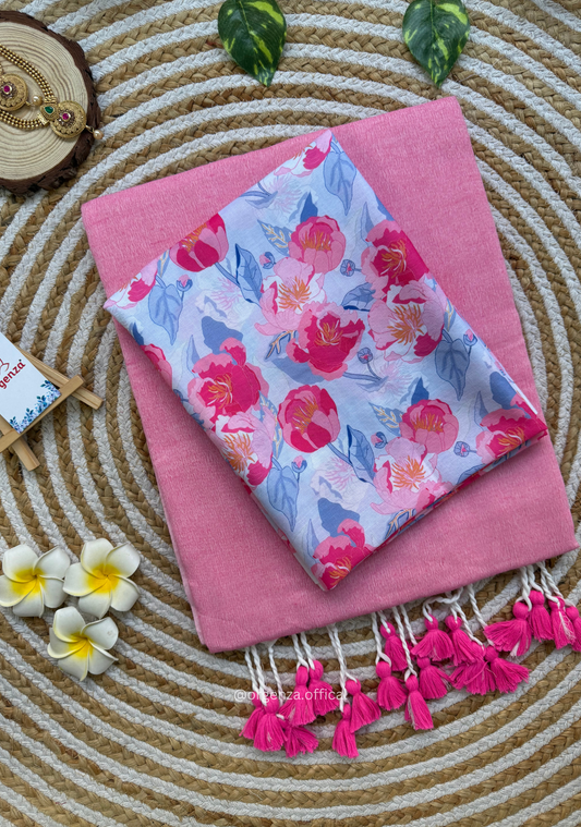 Baby Pink Colour Cotton Saree With Baby Pink Flower Print Blouse