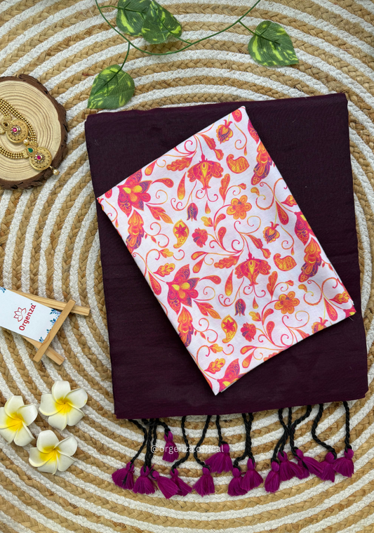 Wine Colour Cotton Saree With White Multi Print Blouse