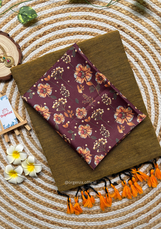 Mustered Yellow Colour Cotton Saree With Wine Floral print Blouse