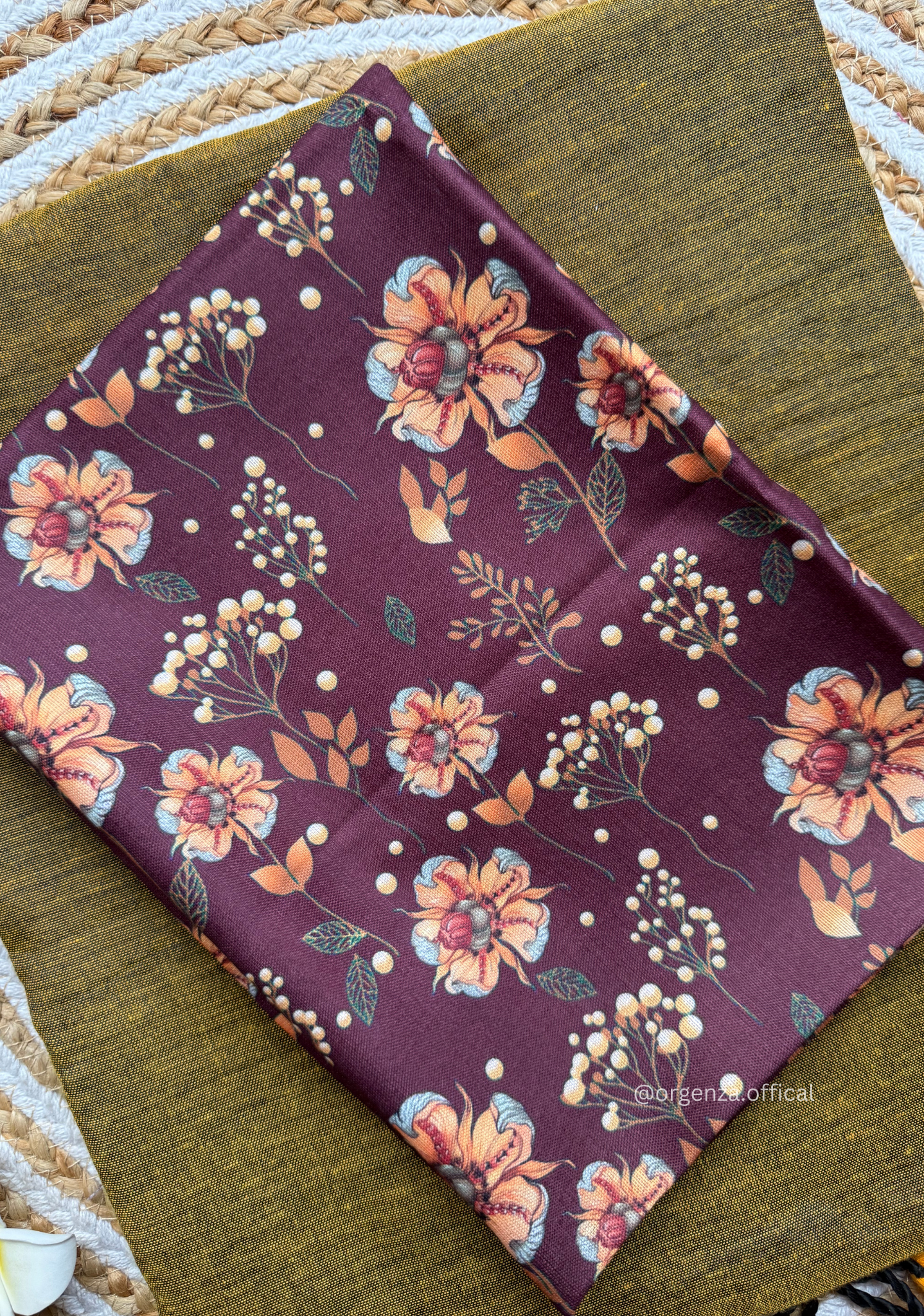 Mustered Yellow Colour Cotton Saree With Wine Floral print Blouse - Orgenza Store - digisoch