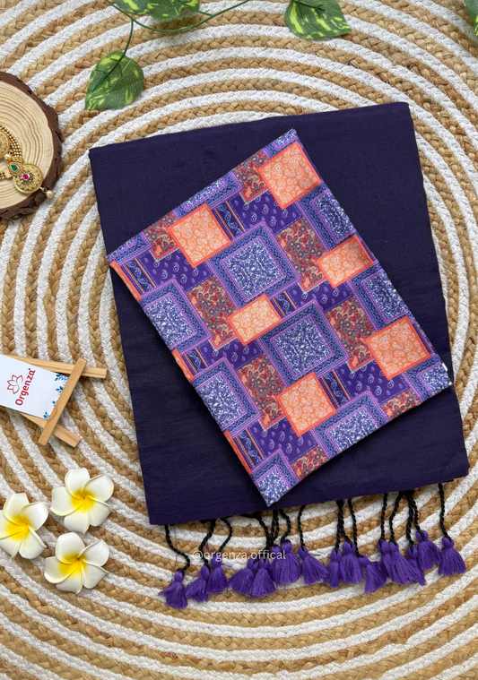 Purple Colour Cotton Saree With Box Print Blouse