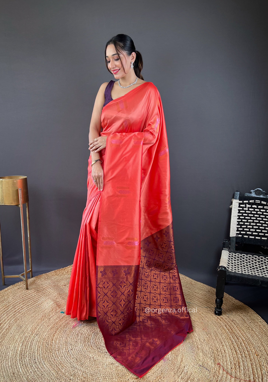 Orange Colour Silk Saree With Zari Weaving - Orgenza Store