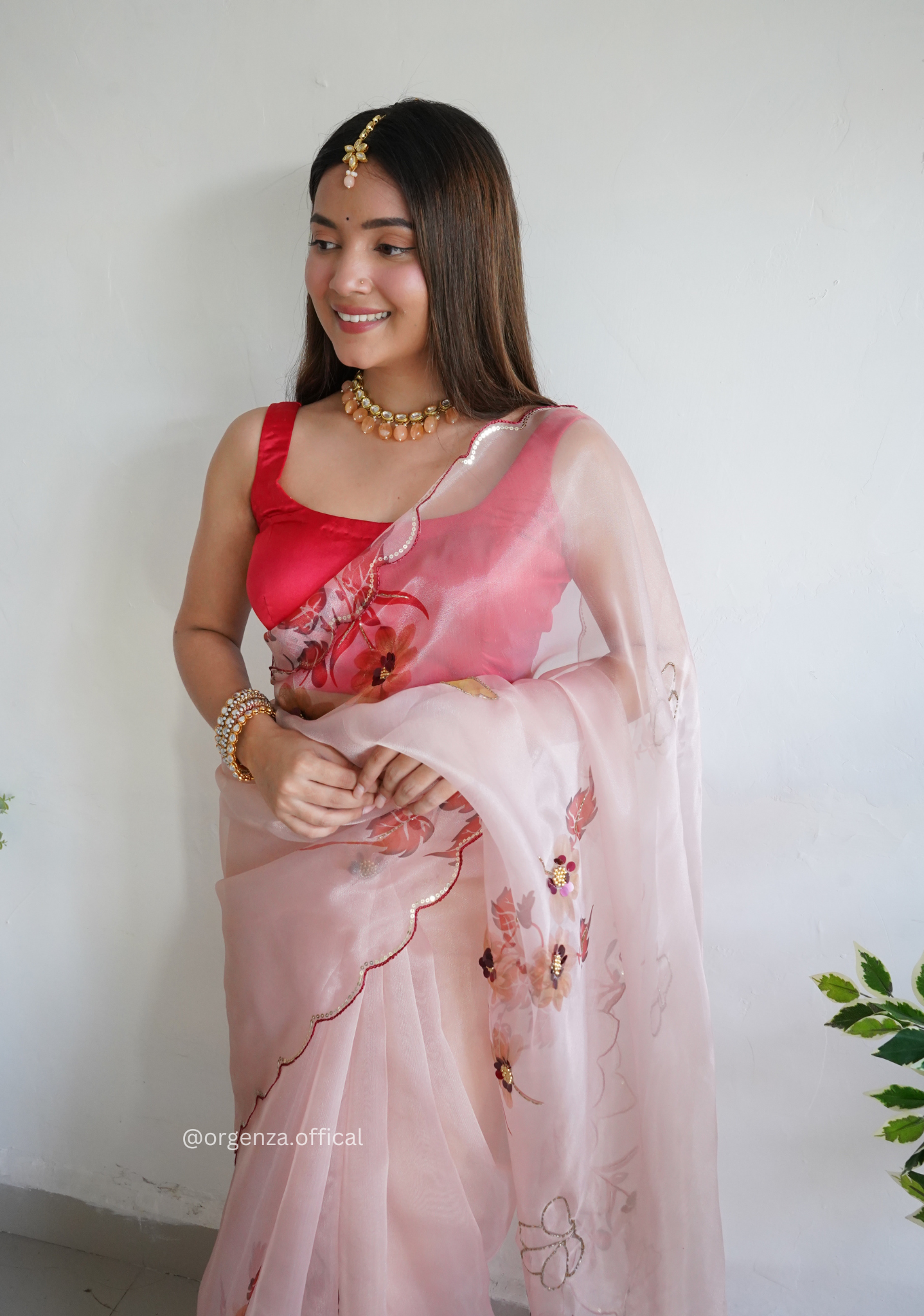 Onion Colour Organza Saree With Handwork