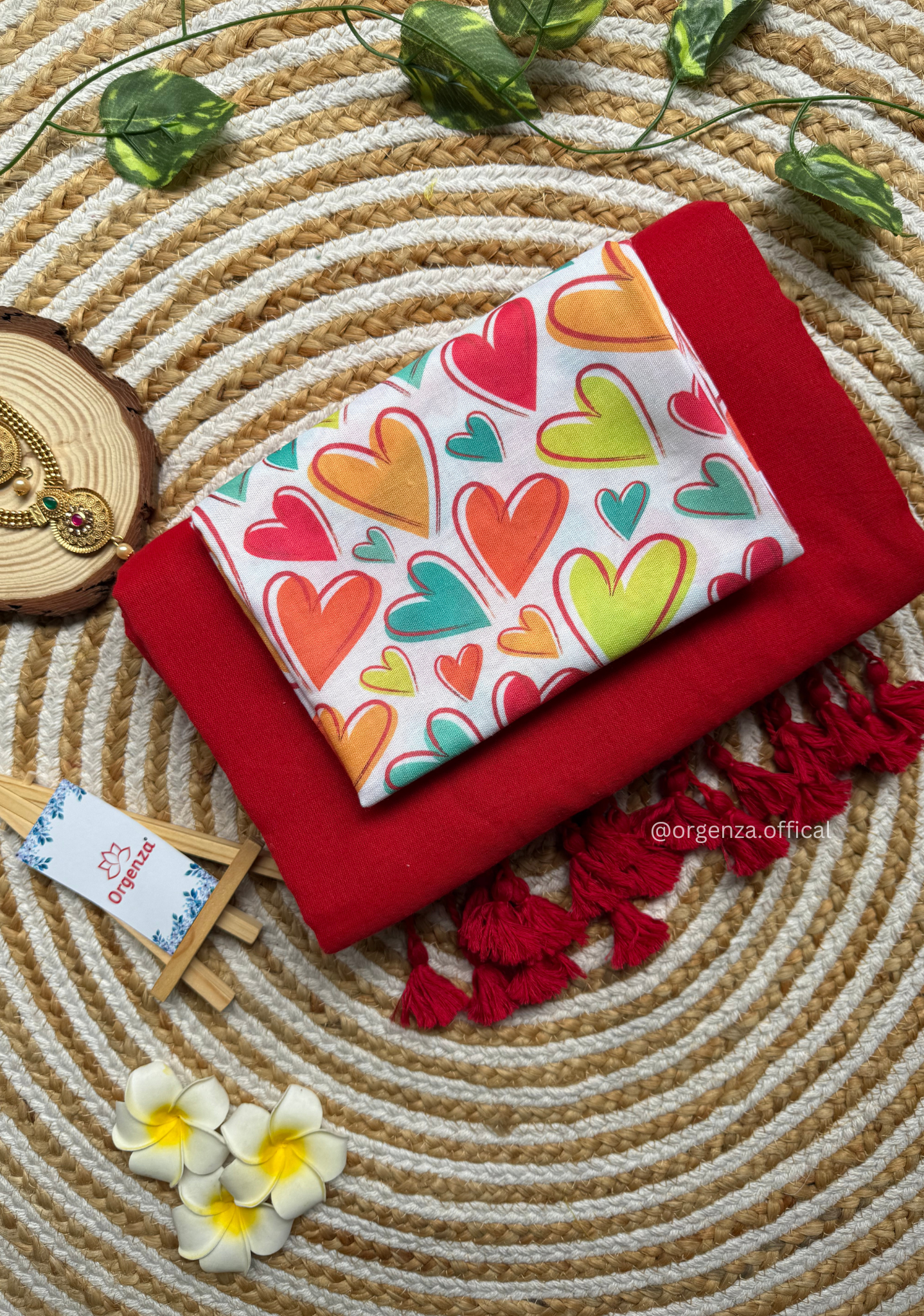 Red Colour Cotton Saree With Heart Print Blouse
