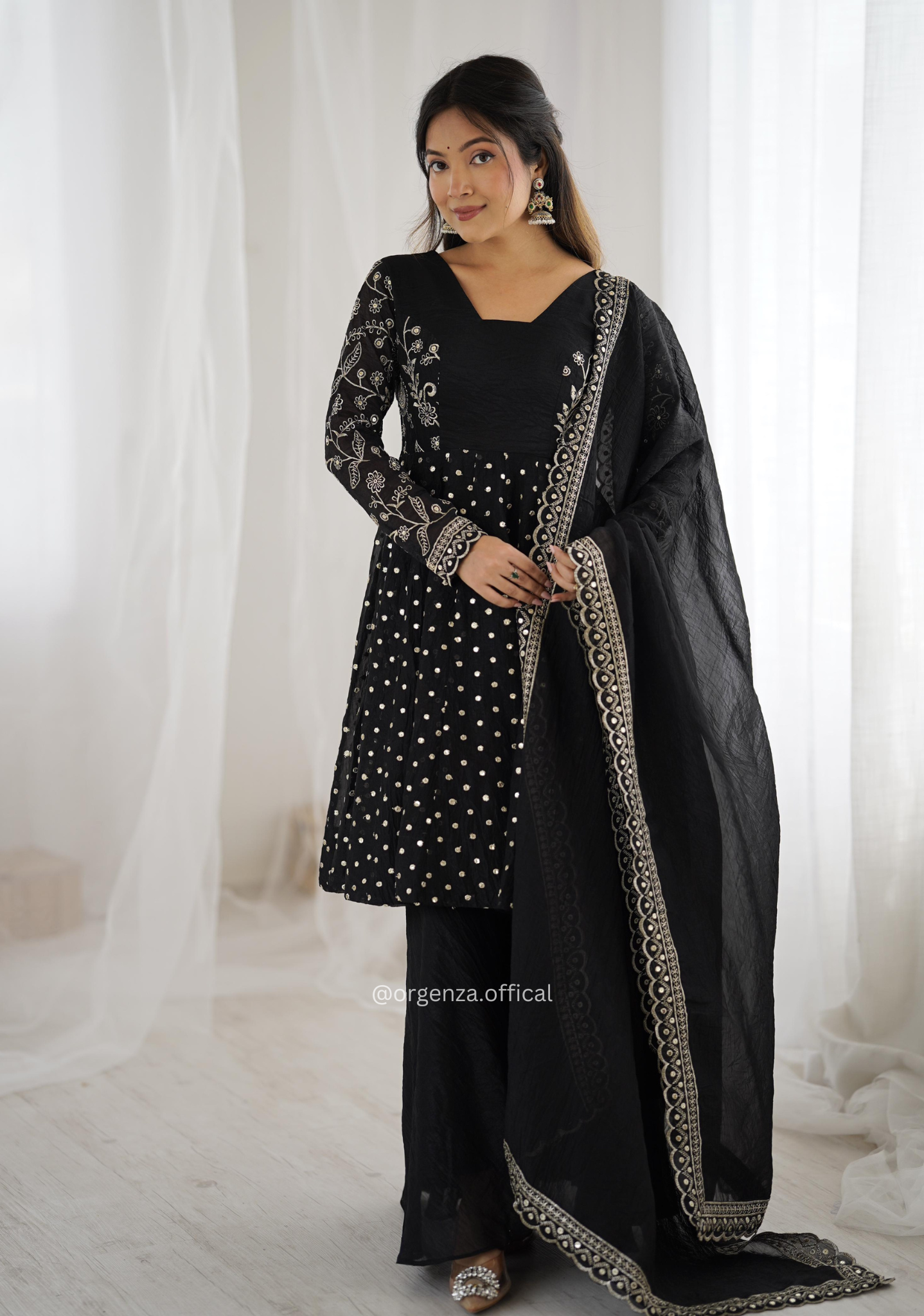 Black Crunchy Silk Embroidered Sharara Palazzo Suit Set