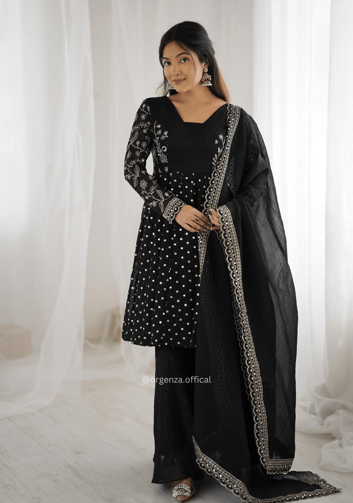 Black Crunchy Silk Embroidered Sharara Palazzo Suit Set