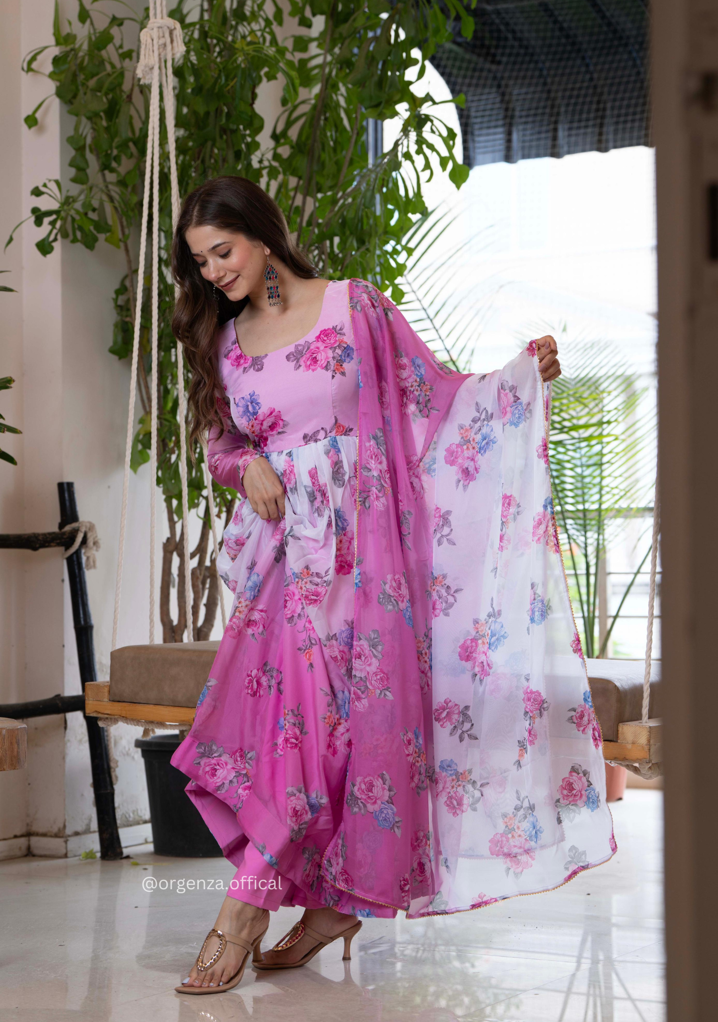 Multi Colour Floral Organza With Dupatta Set